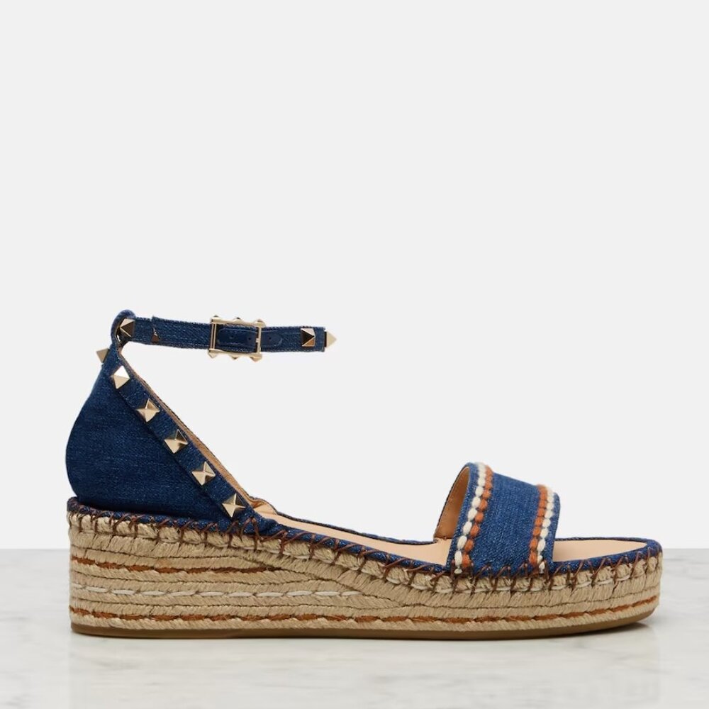Valentino Rockstud Denim Strap Double Platform Wedge Espadrille Sandals